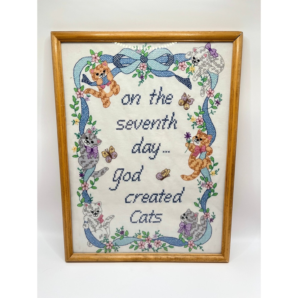 Vintage Golden Bee Cross Stitch Framed Art On The Seventh Day God Created Cats